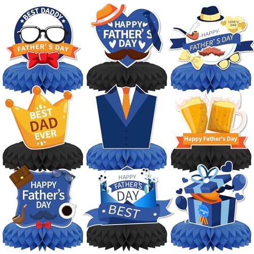 Fathers Day Party Decorations [9 PCS] KSKSPE Fathers Day Honeycomb Centerpieces for Tables Centerpieces 3D Fathers Day Theme Party Decor Supplies Black&Blue