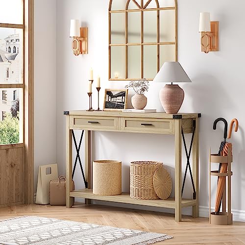 IDEALHOUSE Entryway Table, Console Table with Rattan Drawers, 43" Sofa Table with Storage, Console Tables for Entryway, Living Room, Hallway, Foyer-Burlywood