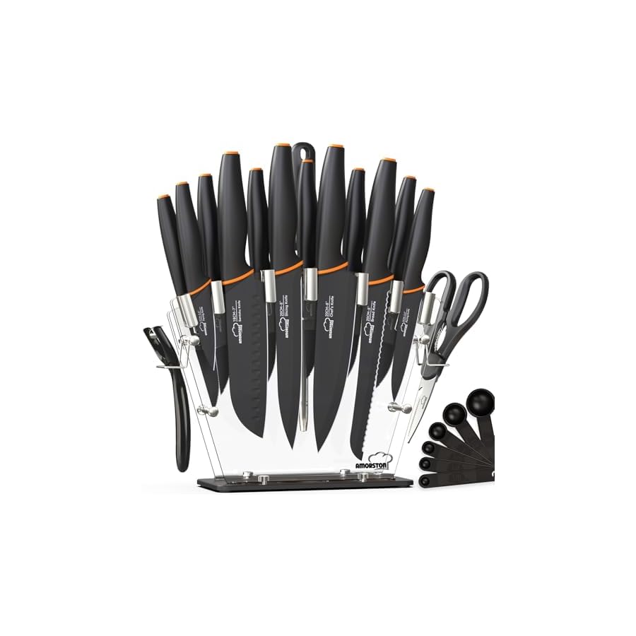 Amorston Knife Set, 22-Piece Kitchen Knife Set with Acrylic Block, Dishwasher Safe with Sharpener, High Carbon Stainless Steel, Anti-slip Ergonomic Handle, Black,Valentine's Gift