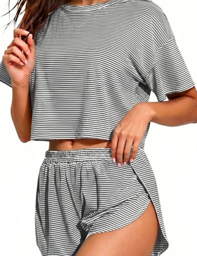 Image of Split Short Pajama Set Women's Striped Pjs with Sleeve Tee & Elastic Waist | Split-Leg Shorts Design, Soft Striped 2-Piece Lounge Set, Breathable Comfy, Travel, or Cozy Days At Home, Summer Vibes