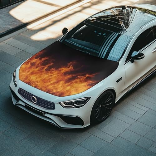 Image of Car Hood Cover Stretchable Car Hood Wrap Blankets Bonfire Print Theme Vehicles Banner Auto Decorations for Compact Sedans SUV Trucks (59x39 Inch)