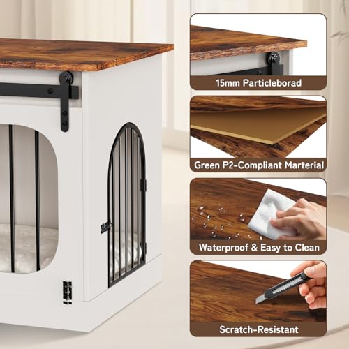 XL Dog Crate Furniture,39.4" Decorative Dog Kennel with Barn Door & Cushion | 3 Doors Access with Escape-Proof Locks, Sturdy Wood-Iron Build, Indoor Modern Cage as Side Table/Night Stand for Medium Dogs - Image 5