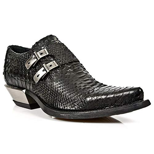 NEWROCK 7934-S2 Men's Black Western Embossed Python Snakeskin Leather Shoes With Buckles and Steel Heels3