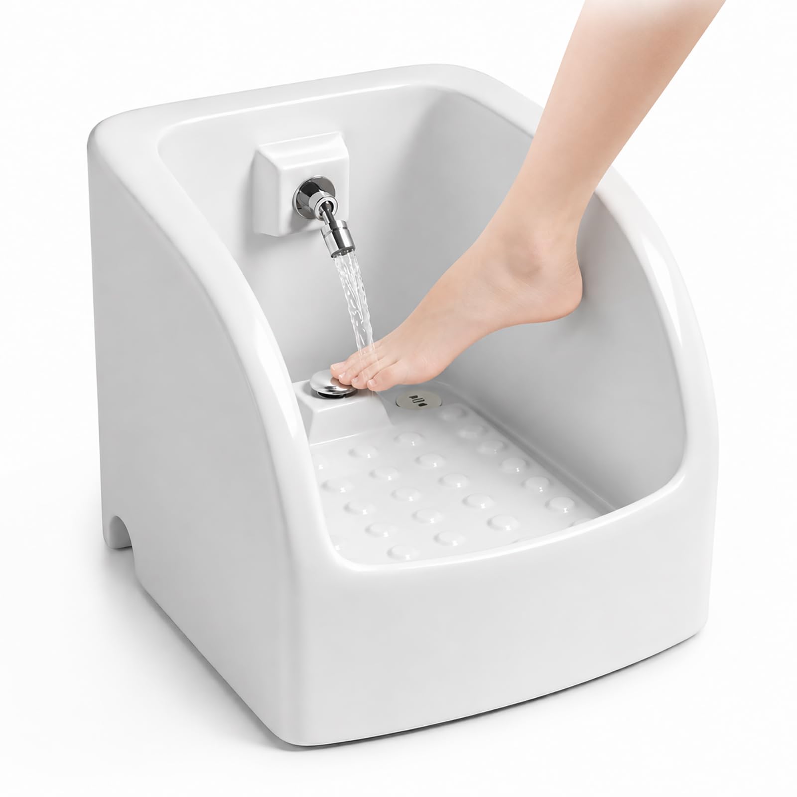Lavabo in Ceramica per Pediluvio, Rubinetto A Pedale, Montaggio A Pavimento con Scarico
