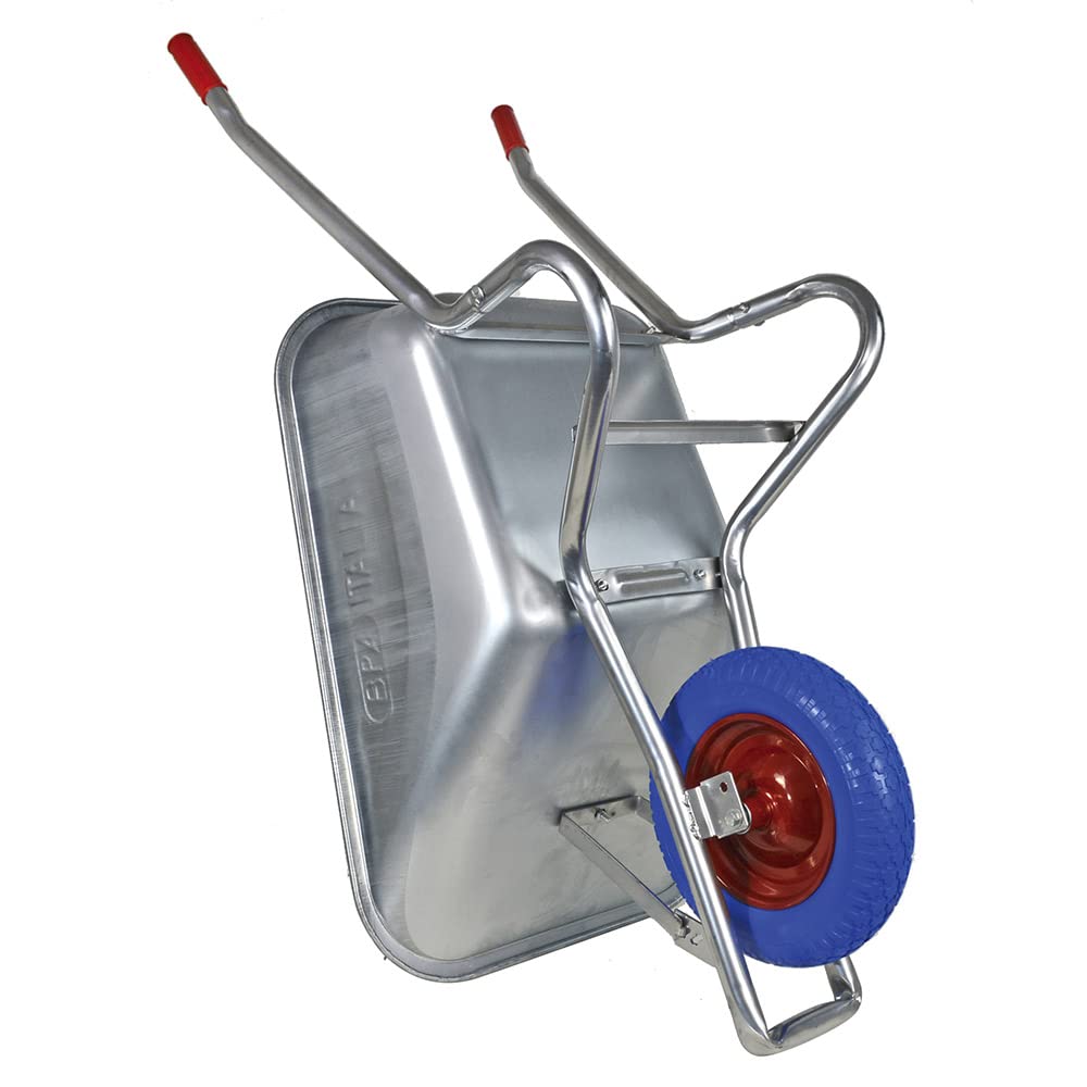 BPA Schubkarre Vollgummi mit Vollgummirad Vollgummireifen Bauschubkarre Schubkarren pannensicher Scheibtruhe Gartenkarre | 100 Liter Mulde verzinkt | PU Rad blau mit Kugellager