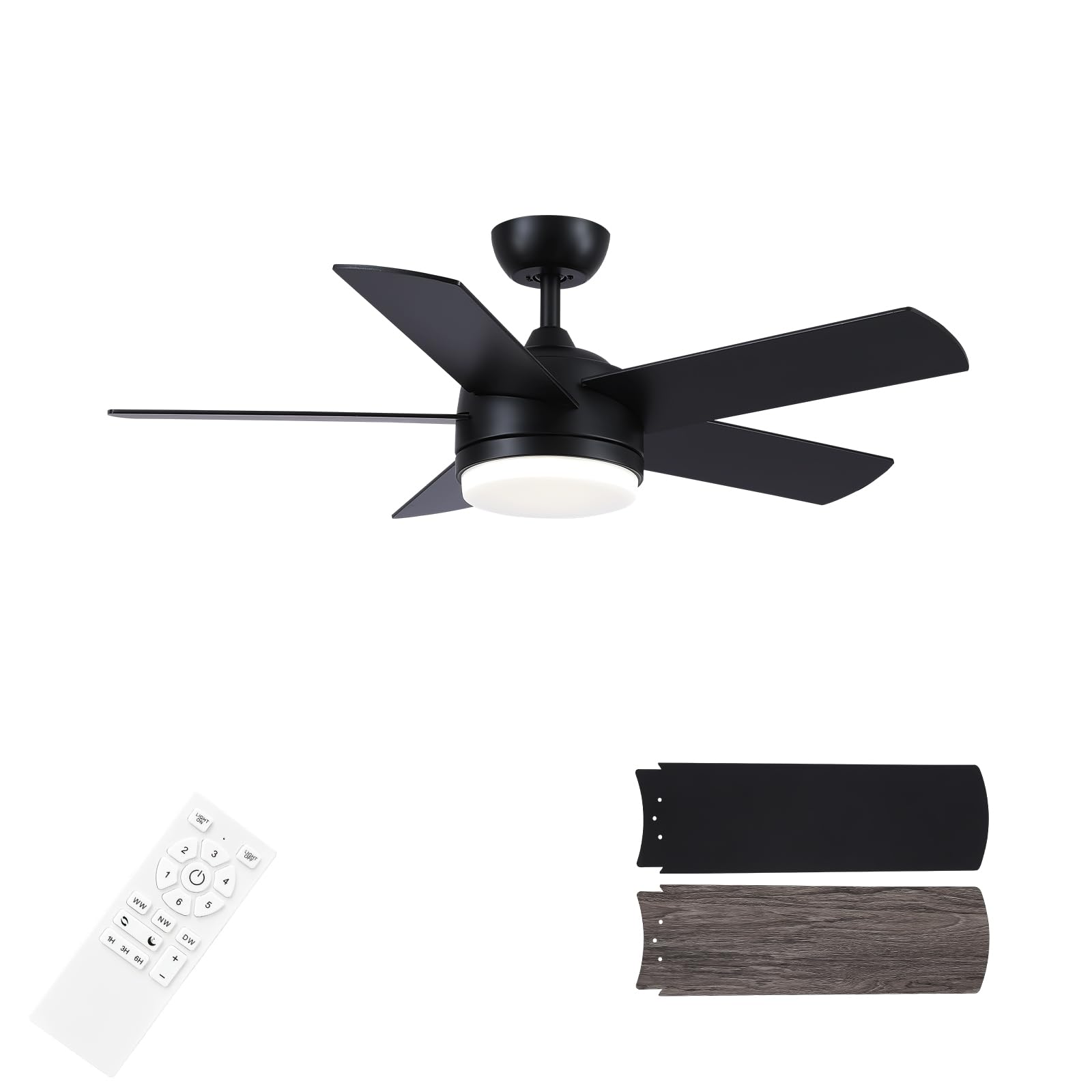 YUHAO 44 Inch Black Ceiling Fan with Light and Remote Control.Noiseless,Dimmable,3CCT,6 Speeds Reversible, DC Ceiling Fans for Indoor or Covered Outdoor