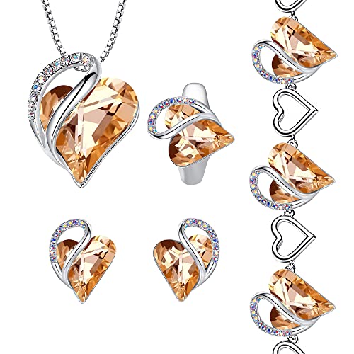 Leafael Infinity Love Heart Necklace, Stud Earrings, Bracelet, and Ring Set, Healing Stone for Energy Crystal Jewelry, Silver Tone Gifts for Women, Carnelian Orange