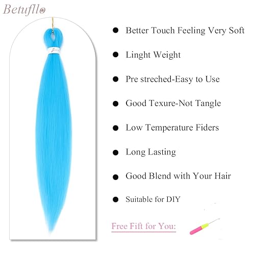 Miniatura 3 de Extensiones de cabello trenzado azul claro de 26 pulgadas de largo, cabello trenzado preestirado, 3 paquetes de cabello trenzado suave Yaki, ajuste