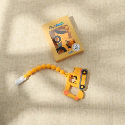 Image of Baby Food Grade Silicone Carrier Vehicle Teether Toy with Pacifier Clip Holder,Teething Toys Gift Set for 3 Months+ Boys and Girls,Freezer Safe,BPA Free. (Excavator)