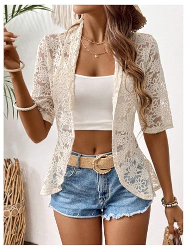 GORGLITTER Women's Floral Lace 3/4 Sleeve Bolero Shrugs Sheer Open Front Cardigan Blazer3