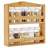 ACAZA Gewürzregal aus Bambus Holz im Set mit 10 Gewürzgläser, Hängeregal für die Wand oder stehend, Gewürzregalsystem mit 2 Etagen, Küche Aufbewahrung und Organisation, H27 x B26 x T6 cm