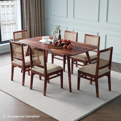Image of WOODY Furniture Solid Sheesham Wood Dining Table 6 Seater Set | Rattan Six Seater Dinning Table with 6 Cushioned Chairs for Home | Wooden Kitchen Dinner Table 6 Seater| (Honey Finish)