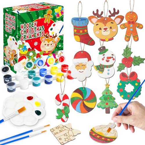 YEGEER 36Pcs Unfinished Wooden Christmas Ornaments Craft Kits - 12 Styles Blank Wood Slices Ornaments for Kids to Paint, DIY Christmas Craft for Xmas Tree Hanging Decorations