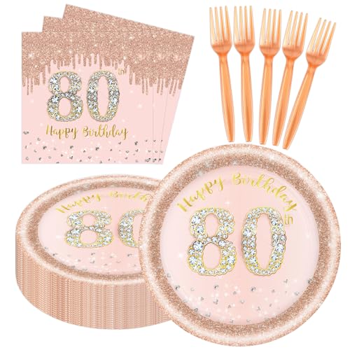 60 PCS 80th Birthday Decorations for Women 80th Birthday Plates and Napkins Rose Gold Disposable Tableware Set Party Supplies for Women Cheers to 80 Years Anniversary (80TH)