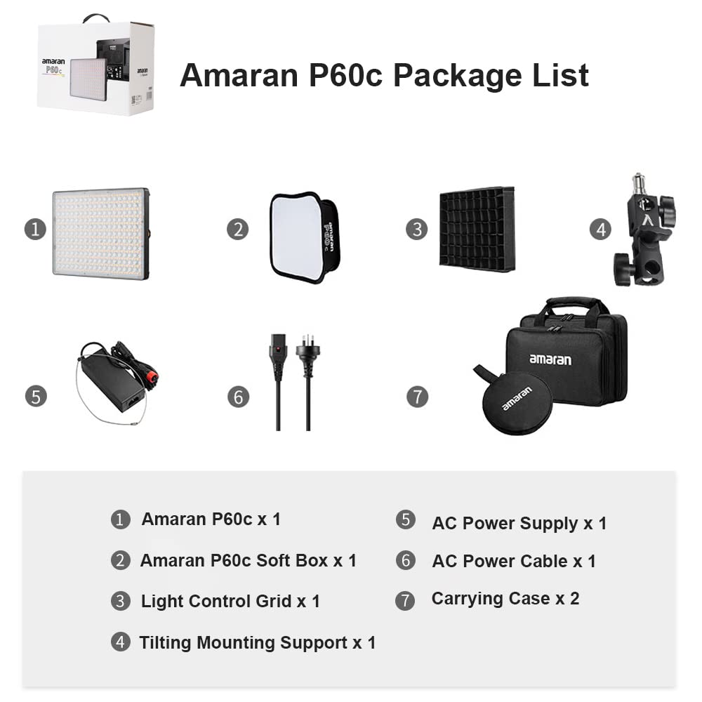 Pannello LED Amaran P60C 60W RGBWW Con Softbox – CRI 95+, 5900 Lux A 1m, Controllo App Sidus Link, Colori Da 2500K A 7500K - 5