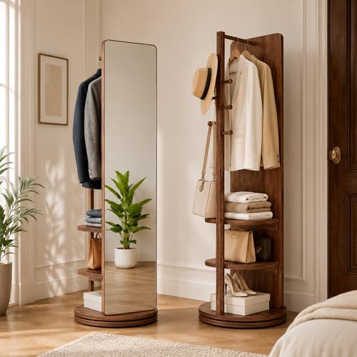 KIRROUS Full Length Mirror with Coat Rack & Storage 360 Rotating Solid Wood Standing Floor Mirror with Shelves for Bedroom Entryway Dressing Room (Walnut Brown 66 x 18)