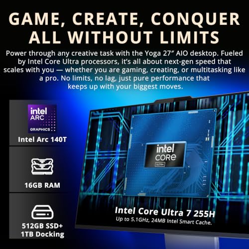 Image of Lenovo Yoga All-in-one AI PC, 27 inch QHD IPS+120Hz Display, Intel Ultra 7 255H 16-Core Processor, 16GB LPDDR5X, 1.5TB Storage (512GB SSD+1TB Docking Station), Intel Arc GPU, Wi-Fi 7, Win 11 Pro, Gray