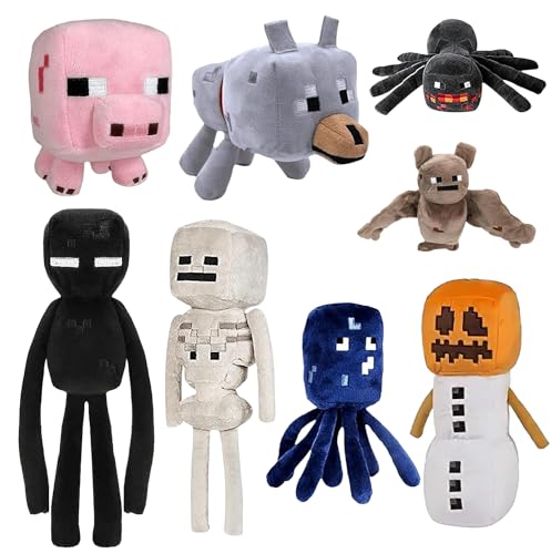 XSLWAN 8Pack Snow Golem Plush, Enderman Plush, Baby Wolf, Baby Pig, Spider, bat, Skeleton Shooter, Squid Stuffed Animals Toys，Great Gift for Children and Fans.
