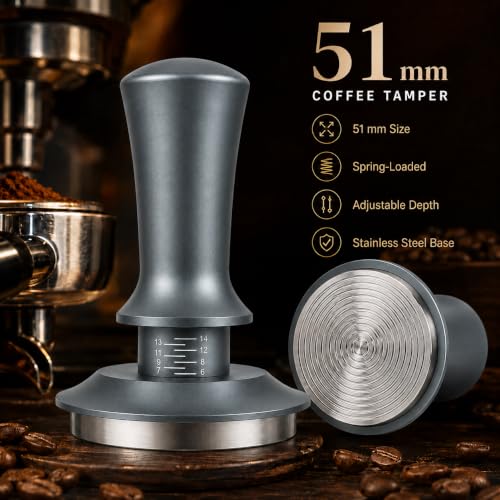 Image of Street27 51MM Coffee Tamper with Calibrated Spring Loaded Handle | Stainless Steel Espresso Tamper Flat Base for Espresso Machine Portafilter Coffee Accessories (Grey)