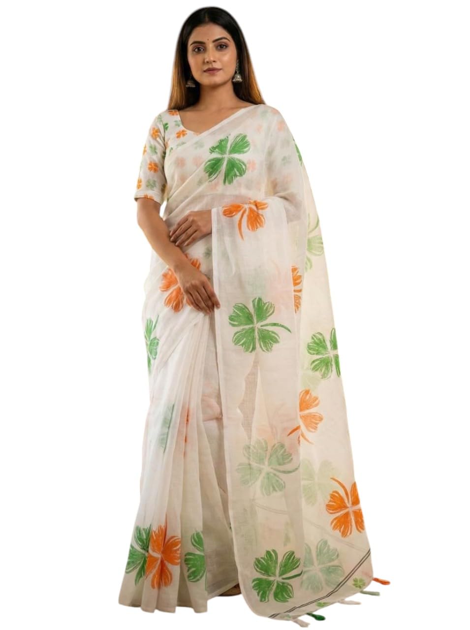 Women's independence day Tricolour tiranga Print Linen Cotton Blend Saree With Unstitch Blouse Piece-picture-19