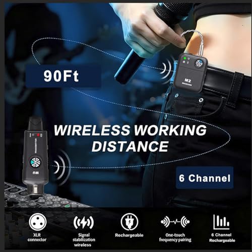 Sistema transmisor y receptor inalámbrico 2.4GHz, 6 canales de frecuencia ajustable con latencia ultra baja de 8ms, batería recargable, plug and play, para estudio, banda, ensayo y en vivo (Blanco) miniatura 5
