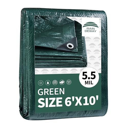 RAINDEWAY Green Tarp 6x10 Feet Finished Size 5.5 Mil Thick Multipurpose Waterproof Poly Tarps Cover with Metal Grommets and Reinforced Edges