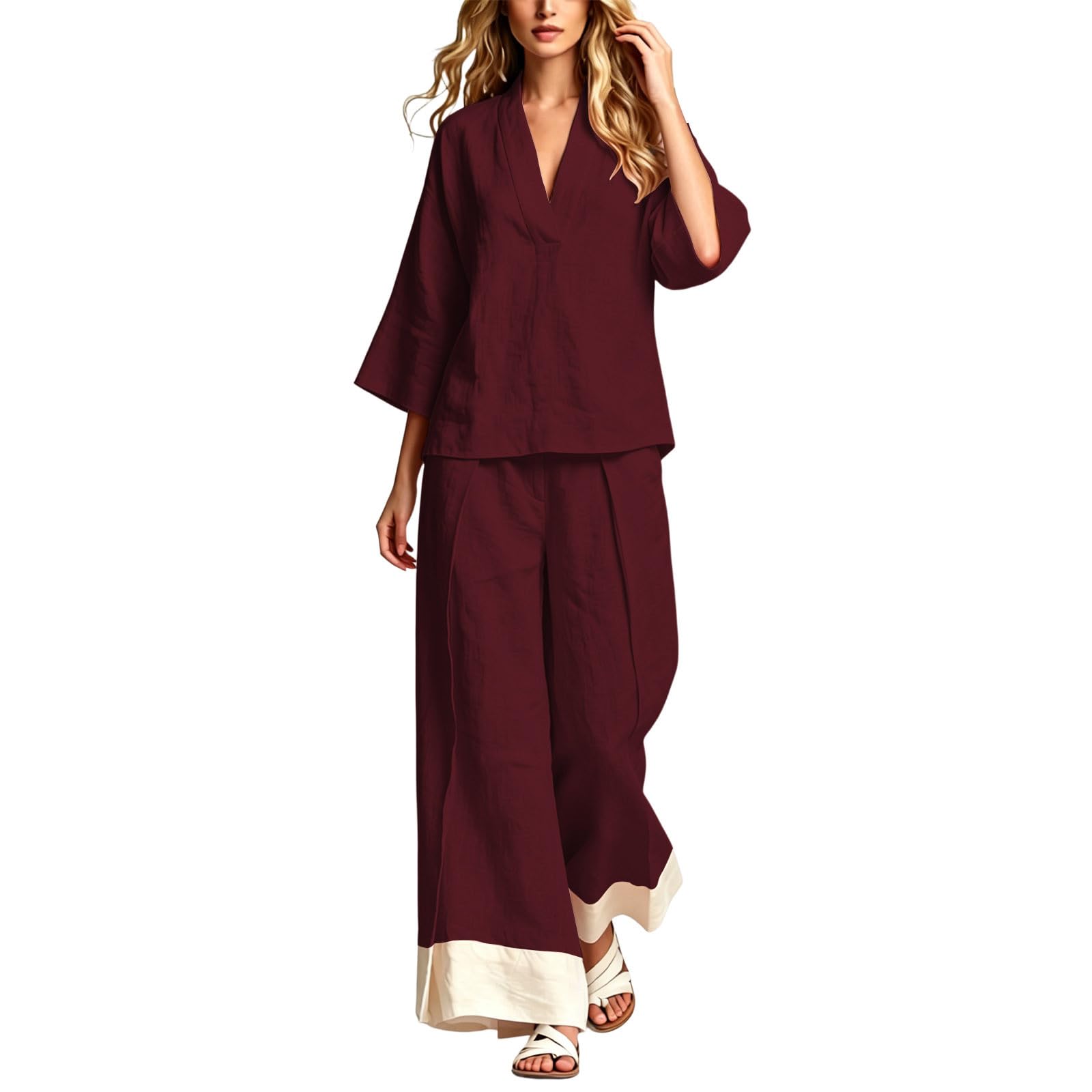 Generisch Damen Sommeroutfit mit französischem Kragen Bluse weiter Hose – leichtes atmungsaktives Set für Reise Büro Freizeit Alltag Date Shopping (L)