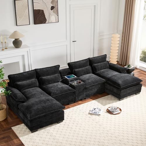 U-Shaped Sectional Sofa, Cloud Couch with Chaise, Console, Cup Holders