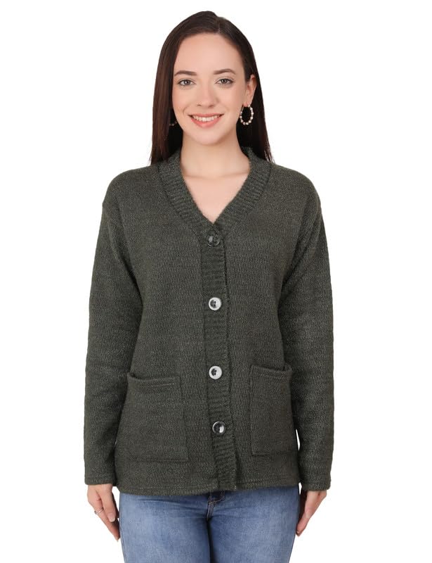 Image of MANRA Women's Woolen V-Neck Buttoned Full Sleeve Cardigan Self Design Soft Wool Fabric Winter Wear Pure Wool Sweater Fully Warm, Front Pockets Cardigan