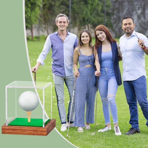 Image of Hooqict Golf Ball Display Case Clear Acrylic Golf Ball Case Display with Wood Base & Tee Ball Holder Stand UV Protected Square Cube Box Single Ball Storage Golfball Collections