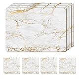 Moderry Set of 4 Heat Resistant Cork Placemats for Dining Table with Free Set of 4 Matching Drink Coasters Marble Design 16 x 12 Inches Cork Backed Hard Placemats (Foiled Gold)