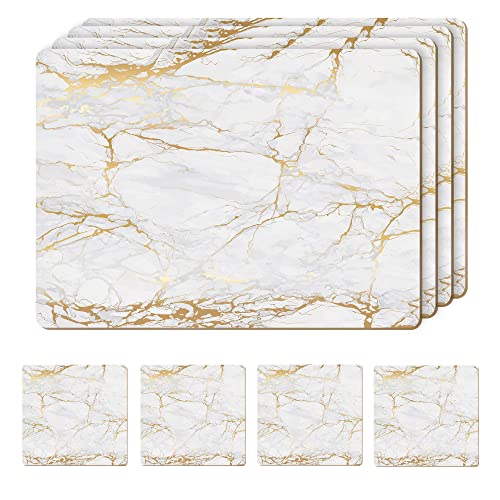 Moderry Set of 4 Heat Resistant Cork Placemats for Dining Table with Free Set of 4 Matching Drink Coasters Marble Design 16 x 12 Inches Cork Backed Hard Placemats (Foiled Gold)