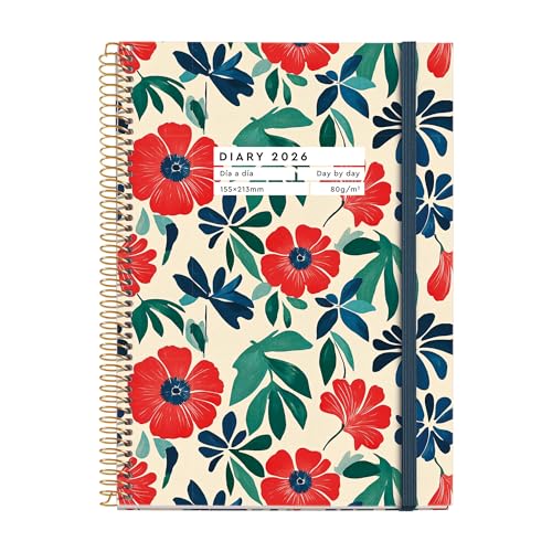 Miquelrius - Agenda 2026 día por página, Similar A5+ (155 x 213 mm), Planificación diaria, Cubierta rígida cartón, Espiral, Cierre goma elástica, Papel 80 g/m², Español-EN-PT, Anémona