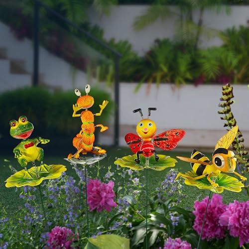 4er Set Blumenstecker Tiere auf Blatt | H60cm Eisen Polystyrol bunt | Biene Frosch Raupe Marienkäfer beweglich | Gartendeko (4)