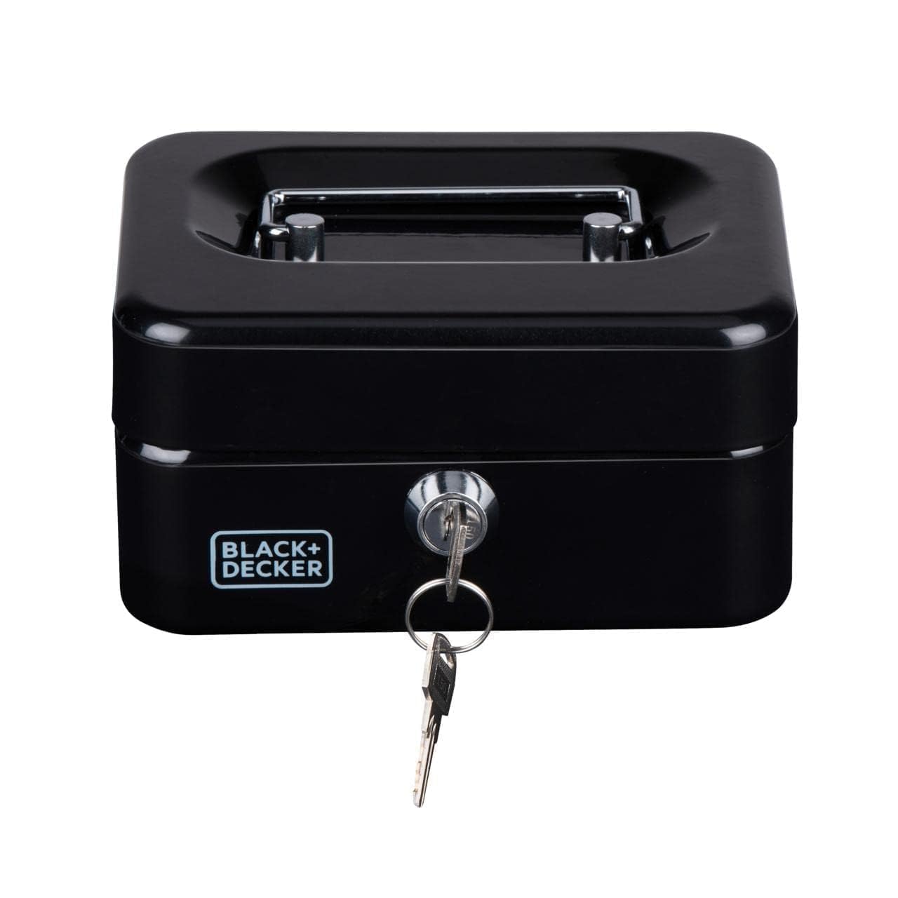 BLACK+DECKER Salvadanaio con chiave – Cassetto estraibile con 6 scomparti – Include 2 chiavi – 20 x 16 x 9 cm – Metallo – Nero