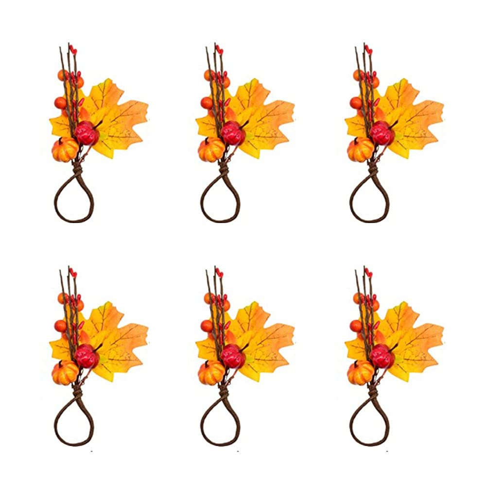 REYIN-CHHN 6Pcs Retro Fall Napkin Rings, Pumpkin & Maple Leaf Napkin Ring Holders, Autumn Harvest Table Decor for Thanksgiving Holiday Dinner