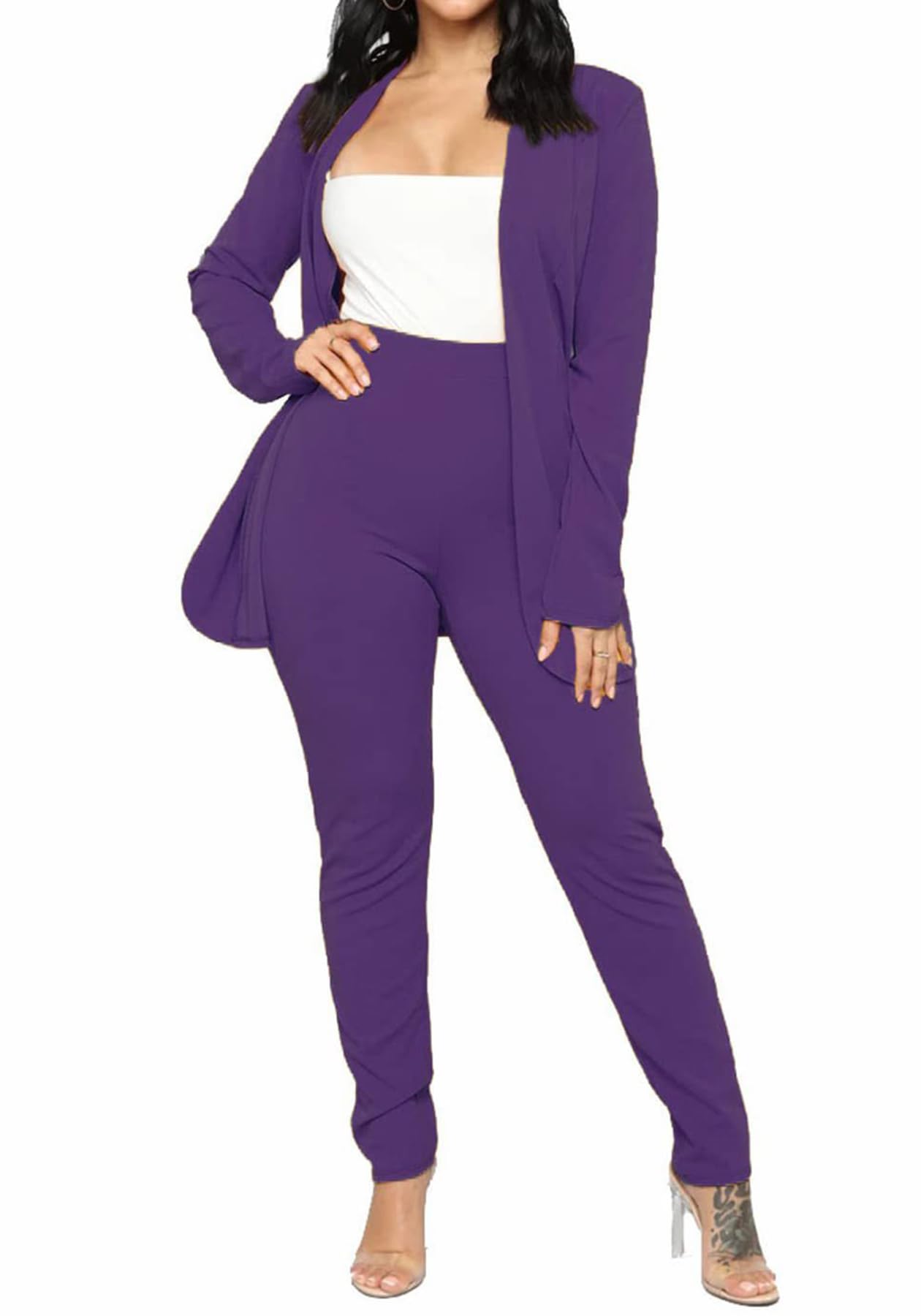 Tcremisa Womens Casual Pants Suit 2 Piece Business Outfits Solid Long Sleeve Blazer and Pencil Pant Sets