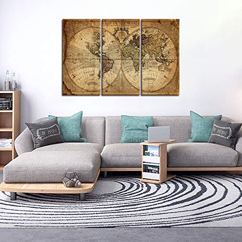 Wall Art Decor Canvas World Map,3 Pieces Framed Large Canvas Art Contemporary Painting Vintage Globe Map Newspaper Background Artwork Pictures For Bedroom Living Room Decoration(40''H X 60''W) #TOP3