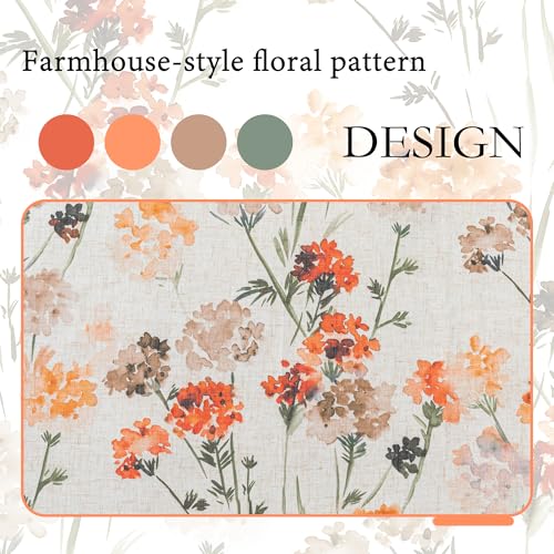 Image of MYSKY HOME Orange Linen Floral Curtains Semi Sheer Grommet Drapes Light Filtering & Privacy Protect, Farmhouse Window Treatments for Bedroom Living /Dining Room,52 inchx95 inch,2 Pcs