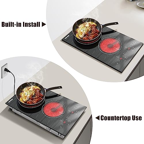 Image of Karinear Portable Electric Cooktop 2 Burners, 110v Plug in Electric Stove Top, Countertop Use or Built-in Install, 12'' Ceramic Cooktop with Beautiful Wooden Pattern
