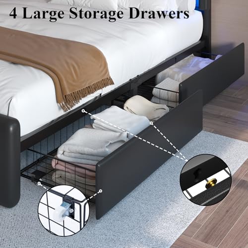 Image of Full Size Bed Frame with 4 Storage Drawers, Upholstered Headboard, Black