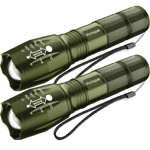 Image of Victoper LED Flashlight 2 Pack Green, Bright Tactical Torch High Lumens 5 Modes, Waterproof Zoomable Flash Light for Outdoor, Birthday Gifts for Men, Dorm Room Hiking Camping Essentials Gear for Guys