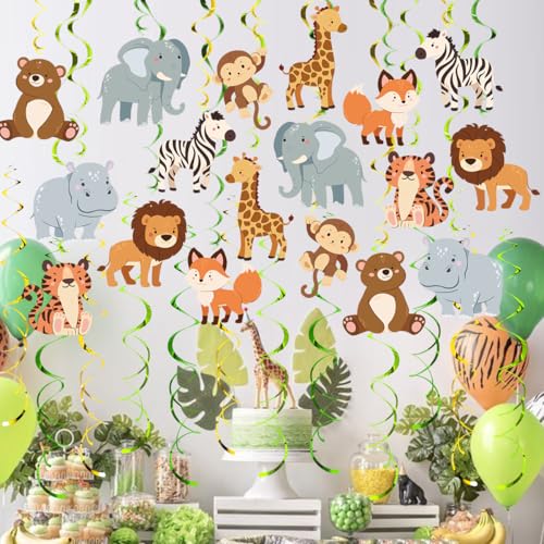Image of Safari Animal Party Streamers, 48 Pcs Jungle Theme Hanging Swirl Decorations - Hippo, Lion, Zebra & More for Birthday, Holiday, Classroom & Party Decor