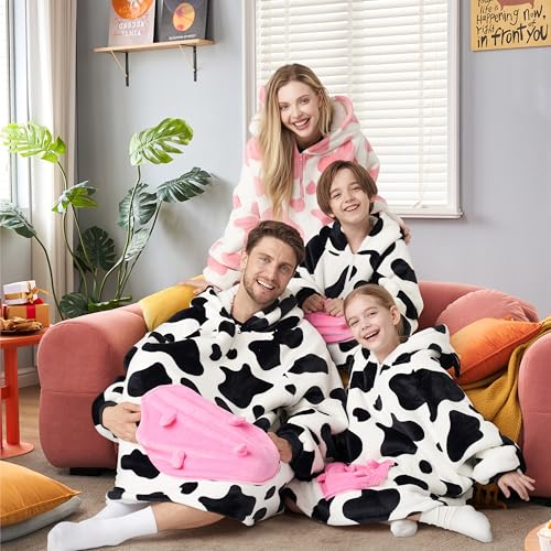 Image of Giggling Getup Wearable Blanket Hoodie for Girls and Boys Sherpa Fleece Hooded Blanket Sweatshirt Warm Cozy Sherpa Wearable Throw Oversized Hoodie with Giant Pocket & Sleeves for Kids Cow