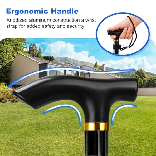 Image of MFE Folding Cane, Portable 5-Level Adjustable Height Walking Stick with Foldable Design, Wrist Strap, and T Handle for Men and Women, Black