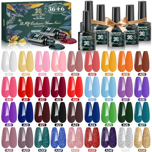 42 Pcs Esmalte Semipermanente Gel UV LED, 36 Colores de Pintauñas con 2 Base, Top Coat Brillante y Mate, 2 Capas Superiores de Diamante, Kit de Esmalte de Uñas Navidad