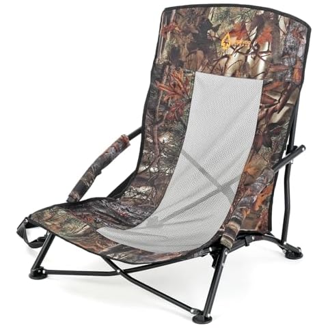 ARROWHEAD OUTDOOR Portable Folding Turkey Hunting Blind Chair with Padded Armrest, No-Sink Feet and Shoulder Strap, Camouflage, Low Profile, Mesh Seat Cover