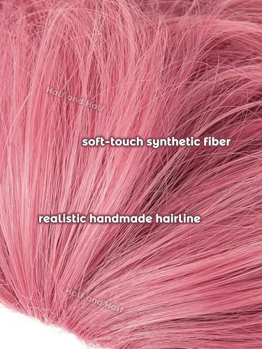 Image of Half and Half Akaza Cosplay Wig Short Rose Red Pink Demon Anime Wig Men's Dark Pink Ghost Layered Wigs for Male Men Halloween Party Daily Unisex Costumes