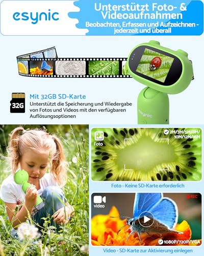 eSynic Tragbares Mikroskop Handmikroskop für KinderTaschenmikroskop 1000x Vergrößerung, 2,0 LCD Bildschirm 8 LED-Leuchten,32GB SD-Karte Foto/Video Aufnehmen, Kompatibel mit PC, USB-Aufladung- Grün
