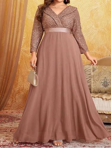 Women’S Plus Size V Neck Sequined Long Sleeve Luxurious Chiffon Evening Gown Sequin Banquet Gown A-Line Dresses4